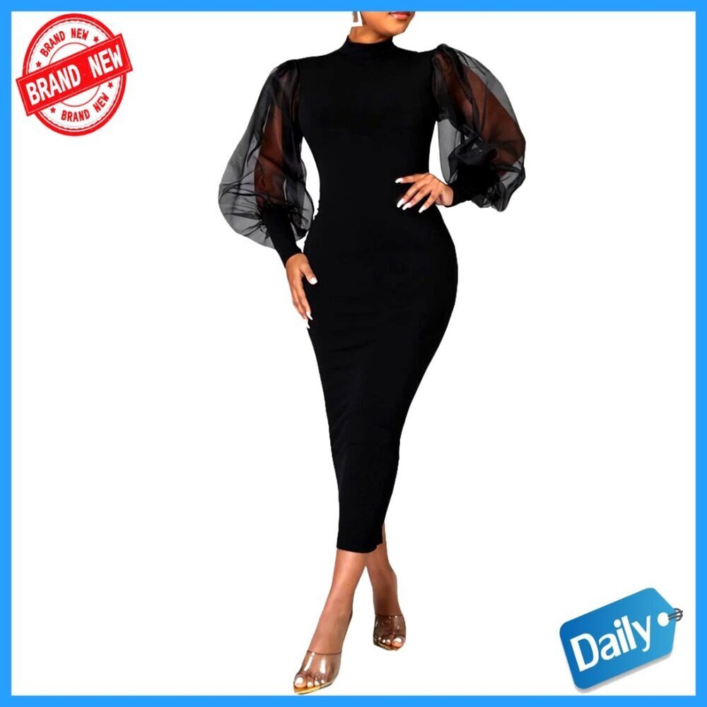 Sheer Mesh Bodycon Dress Puff Lantern Sleeve Midi Club Party Wear Elegant